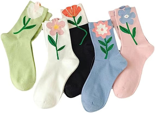 5 paires de chaussettes à fleurs pour femmes, chaussettes courtes en coton, nouveauté colorée Kawaii, chaussettes créatives colorées pour équipe