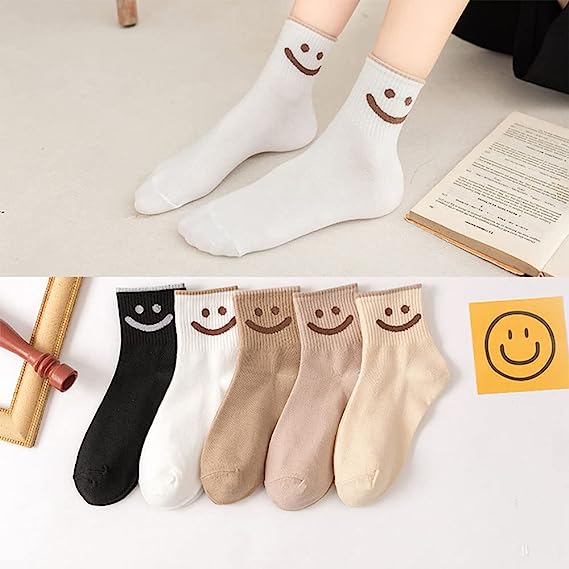 6 paires de chaussettes en coton avec joli visage souriant, chaussettes avec visage souriant pour femme, chaussettes mignonnes avec visage souriant (6 paires)…